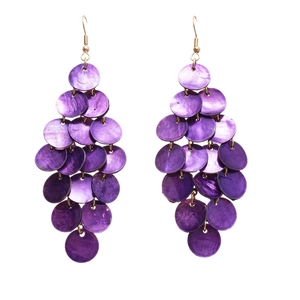 Exaggerated purple shell sequin tassel drop earrings with golden hooks for beach vacation