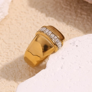 Macro detail of 18K gold plated wide ring band with channel set rectangular zircons