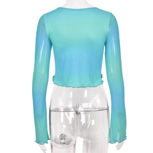 Detailed back view of sexy blue and green gradient sheer mesh cropped top on a mannequin