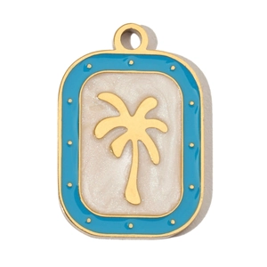 Detailed view of gold stainless steel coconut tree pendant with blue enamel border