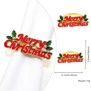 Detail view of Merry Christmas napkin ring with measurements and holly leaf decor