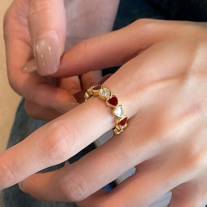 Heart Ring Gold Plated Copper Red Enamel White Cubic Zirconia Adjustable Open Band Fashion Jewelry For Women Elegant
