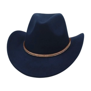 Close-up of navy blue wool felt cowboy hat with brown braided band and metal bead detail