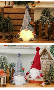 Detailed view of LED glowing Christmas gnomes with knitted hats and warm plush beards