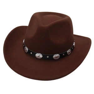 Classic dark brown felt cowboy hat with leather belt and silver metal decorative buckle