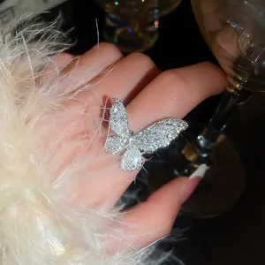 Butterfly Open Ring Copper Inlaid Zircon Sparkling Luxury Fairy Style Adjustable Finger Jewelry For Women