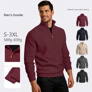 Men Half Zip Sweatshirt Polyester Jacquard Stand Collar Casual Long Sleeve Pullover Ribbed Texture Solid Color Urban