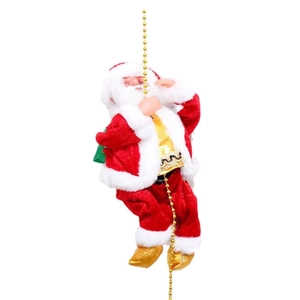 Electric climbing Santa Claus toy with gold bead chain and festive red plush outfit