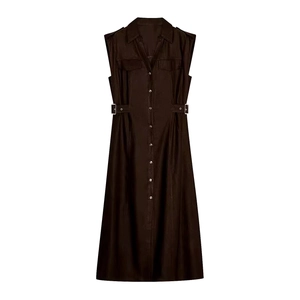 Detail view of dark brown sleeveless dress with silver metal buttons and waist buckles