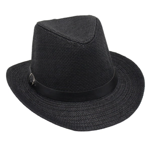 Detailed close-up of black woven straw fedora hat featuring a stylish PU leather band