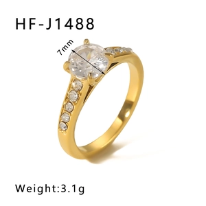 18k gold plated stainless steel ring with 7mm round zircon and side stone accents