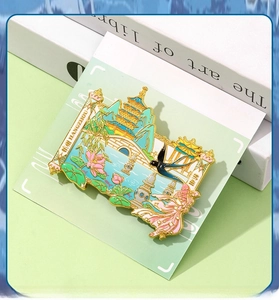 Detailed metal Hangzhou West Lake fridge magnet with colorful enamel scenery and backcard