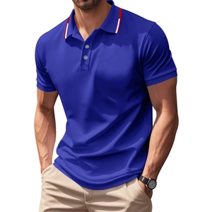 Detail of royal blue polo shirt featuring contrast stripe ribbed collar and button placket