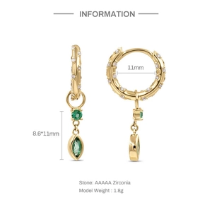 Detailed view of S925 silver gold-plated hoop earrings with marquise green zircon drops