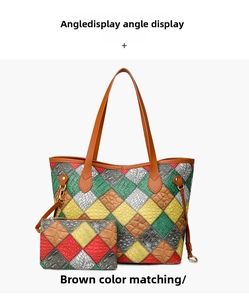 Detail of multi-color patchwork tote bag set with crocodile embossed texture and gold hardware