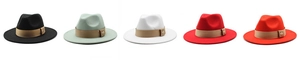 Detail of wool fedora hats in five colors featuring khaki bands and gold bee charms