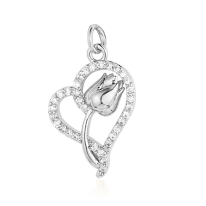 Detail view of a silver heart-shaped pendant with rose design and inlaid cubic zirconia