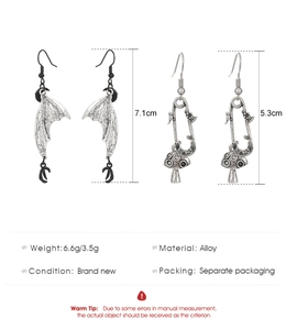 Gothic bat wing and mushroom safety pin earrings with detailed size and weight specs