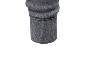 Detailed macro view of dark grey knitted sweater cuffs with ribbed texture finish