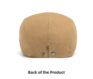 Detailed back view of khaki cotton flat cap showing metallic snap button adjustment