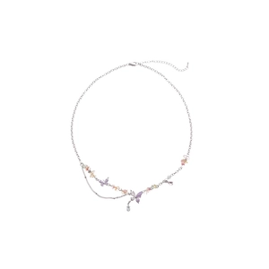 Y2K colorful crushed stone heart necklace with purple butterfly charm for women