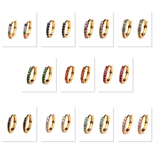 Elegant 18K gold plated hoop earrings featuring 11 colorful zircon stones on white background