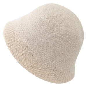 Chic beige knit bucket hat for women with thick ribbed brim and warm winter texture