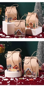 Detail of kraft paper Christmas house gift box with festive Santa print and twine rope