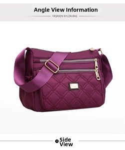 Detailed side view of purple quilted nylon crossbody bag with golden zippers and strap