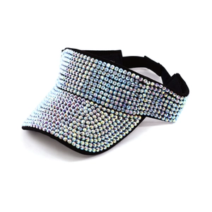Close-up of sparkling AB rhinestones on black top visor cap for sun protection