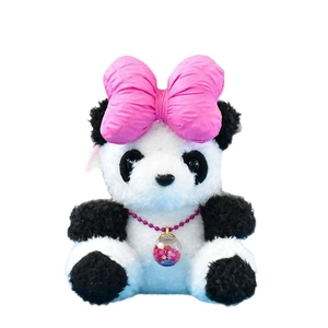 Adorable plush panda pendant featuring a large pink bow and star-filled glass ball charm