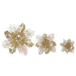Three-piece gold glitter poinsettia Christmas tree ornaments with hollow design