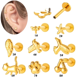 G23 titanium labret studs in animal shapes including dragonfly and cat paw designs