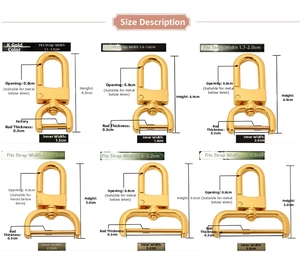 Detailed size chart for light gold metal bag strap hooks in multiple widths