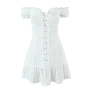 White Lace Embroidery Mini Dress Off Shoulder Puff Sleeve Tie Front Ruffle Hem French Style Slim Fit For Women