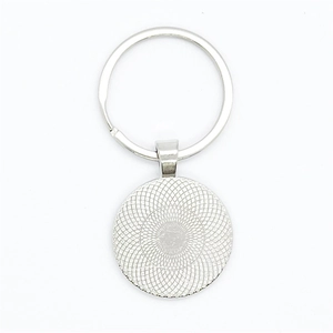 Macro view of silver keychain with textured metal pendant and polished key ring