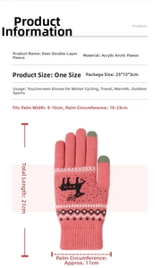 Size chart showing fleece-lined touchscreen gloves with deer knit pattern for women
