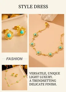 Detail of vintage flower jewelry set with blue turquoise beads and gold-plated chain