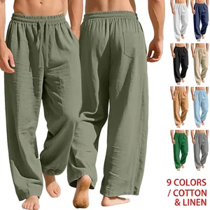 Men's cotton linen casual drawstring pants in olive green with multi-color options