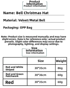 Detailed size chart showing dimensions and weight for festive velvet Christmas hats with bells