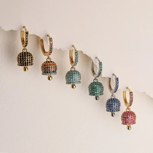 Luxe copper bell earrings with colorful pavé crystals in six assorted vibrant colors