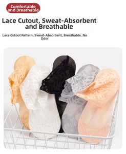 Detailed view of women's lace hollow-out boat socks in five assorted neutral colors