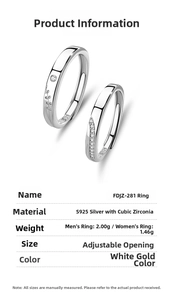 Detailed S925 sterling silver couple rings specifications with CZ stones and adjustable band