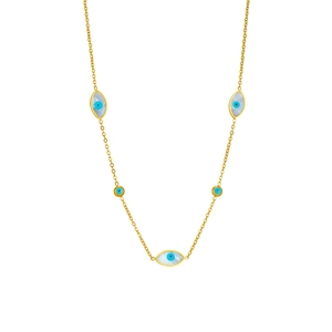 18K gold plated stainless steel necklace with blue evil eye charms in a vertical display