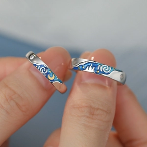 S925 sterling silver Van Gogh Starry Night couple rings with blue enamel and glitter