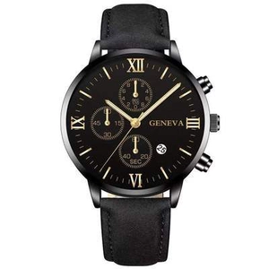 Geneva men's business watch with black leather strap and gold Roman numeral dial