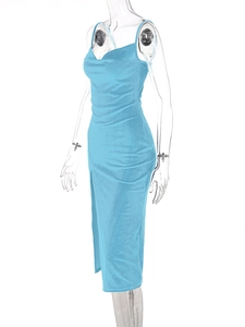Detailed view of silky blue midi dress featuring a cowl neck and elegant side slit