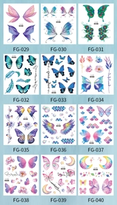 Selection of 12 colorful butterfly and floral temporary tattoos in watercolor style
