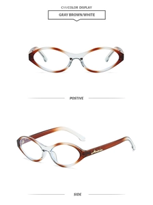 Detail view showing gray-brown and white cat-eye frames with golden metal hinges