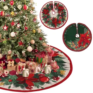 Christmas Tree Skirt Polyester Fabric Round Festive Poinsettia Floral Pattern With Plaid Border For Holiday Party Decorations